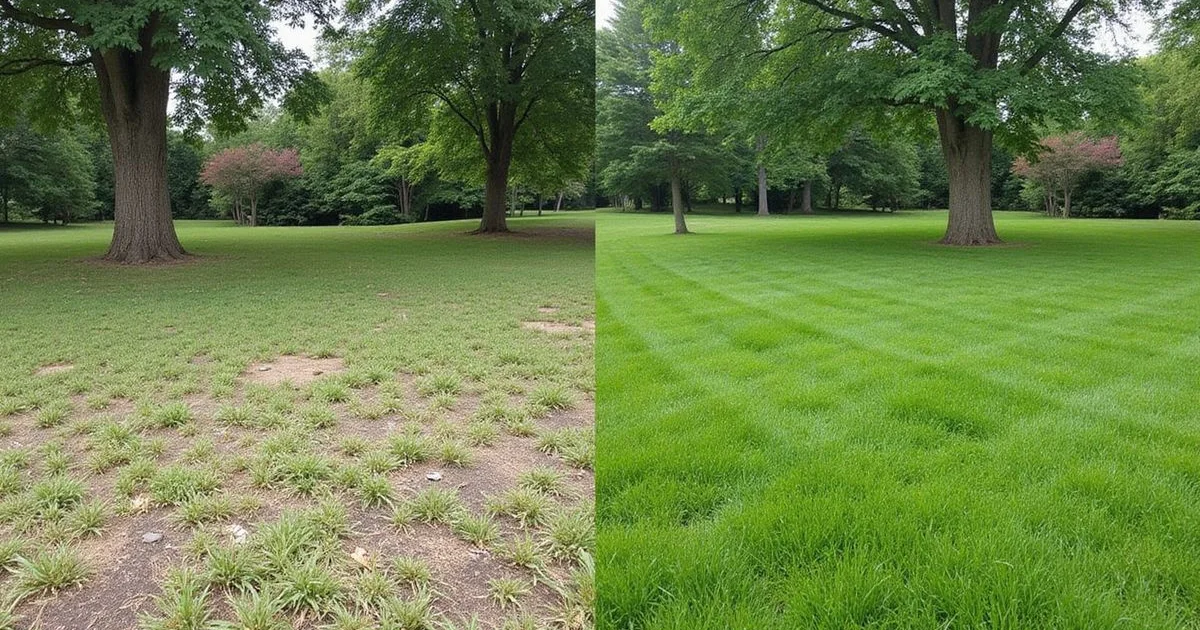 Side-by-side comparison of a patchy DIY lawn vs a professionally maintained Hartford County lawn